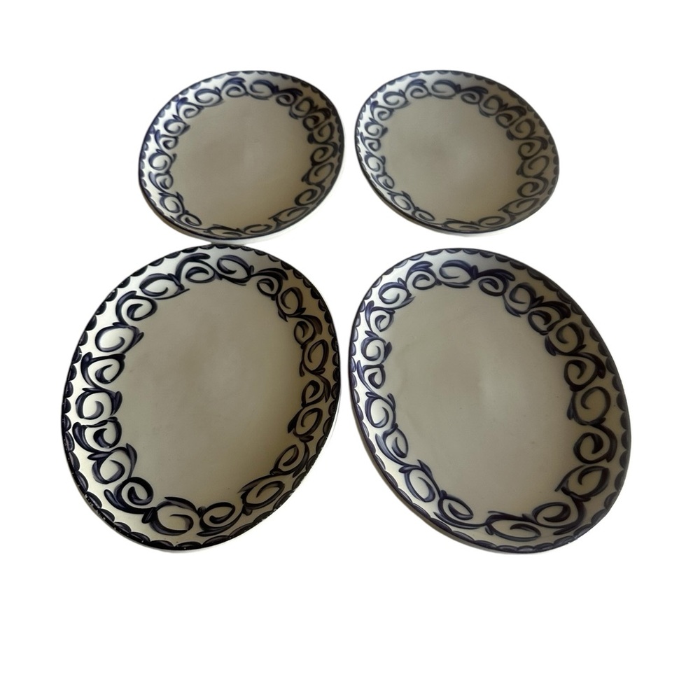 HAND CRAFTED STONEWARE SMALL OVAL PLATERS WITH PAINTED BLUE SCROLLS - Picture 5 of 12